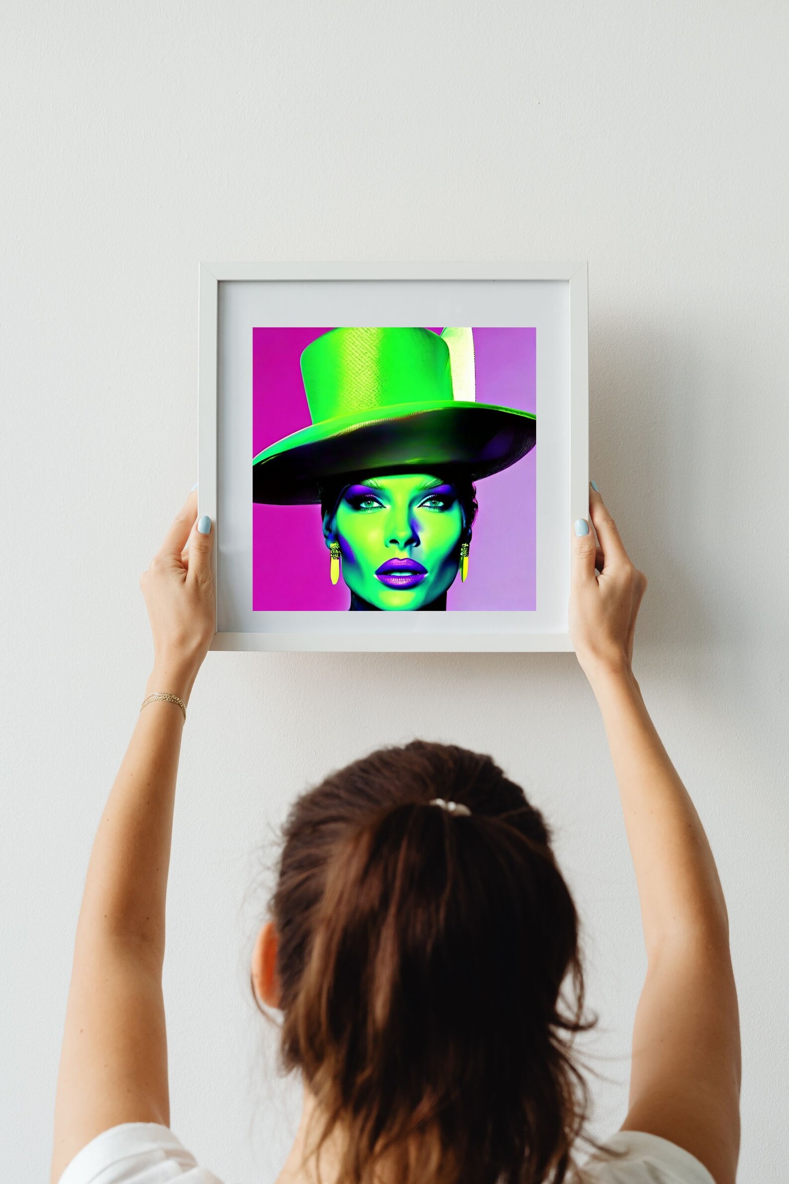 Woman With Neongreen Top Hat, Wall Art, Pop Art, Created With Help of