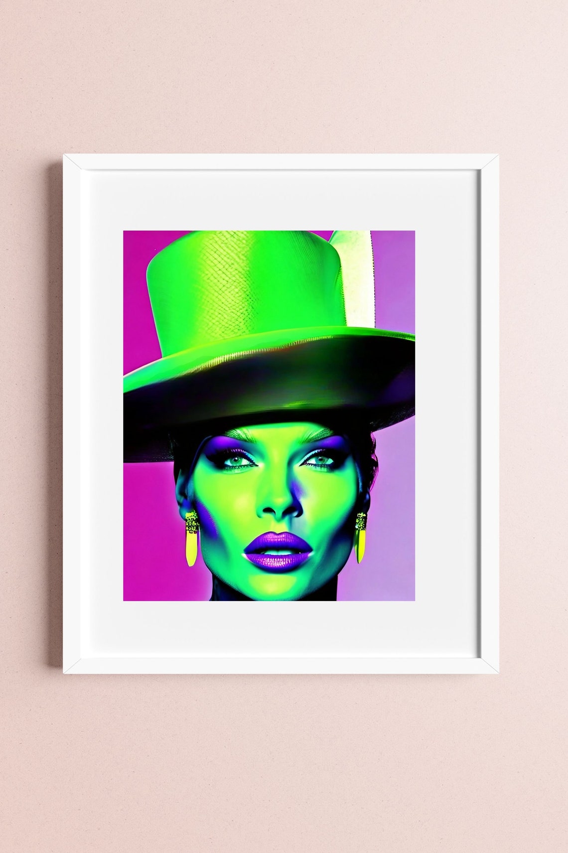 Woman With Neongreen Top Hat, Wall Art, Pop Art, Created With Help of
