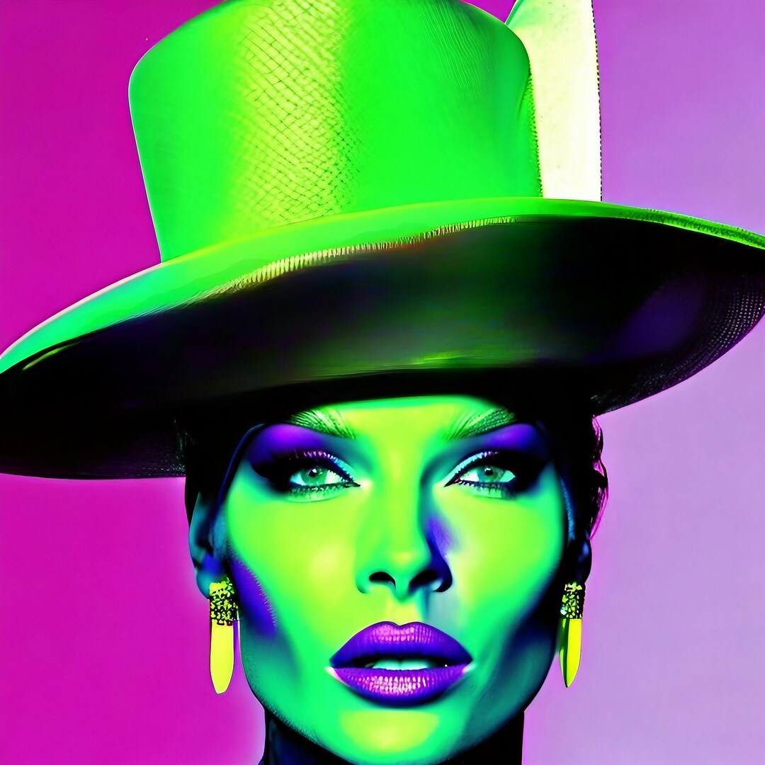 Woman With Neongreen Top Hat, Wall Art, Pop Art, Created With Help of