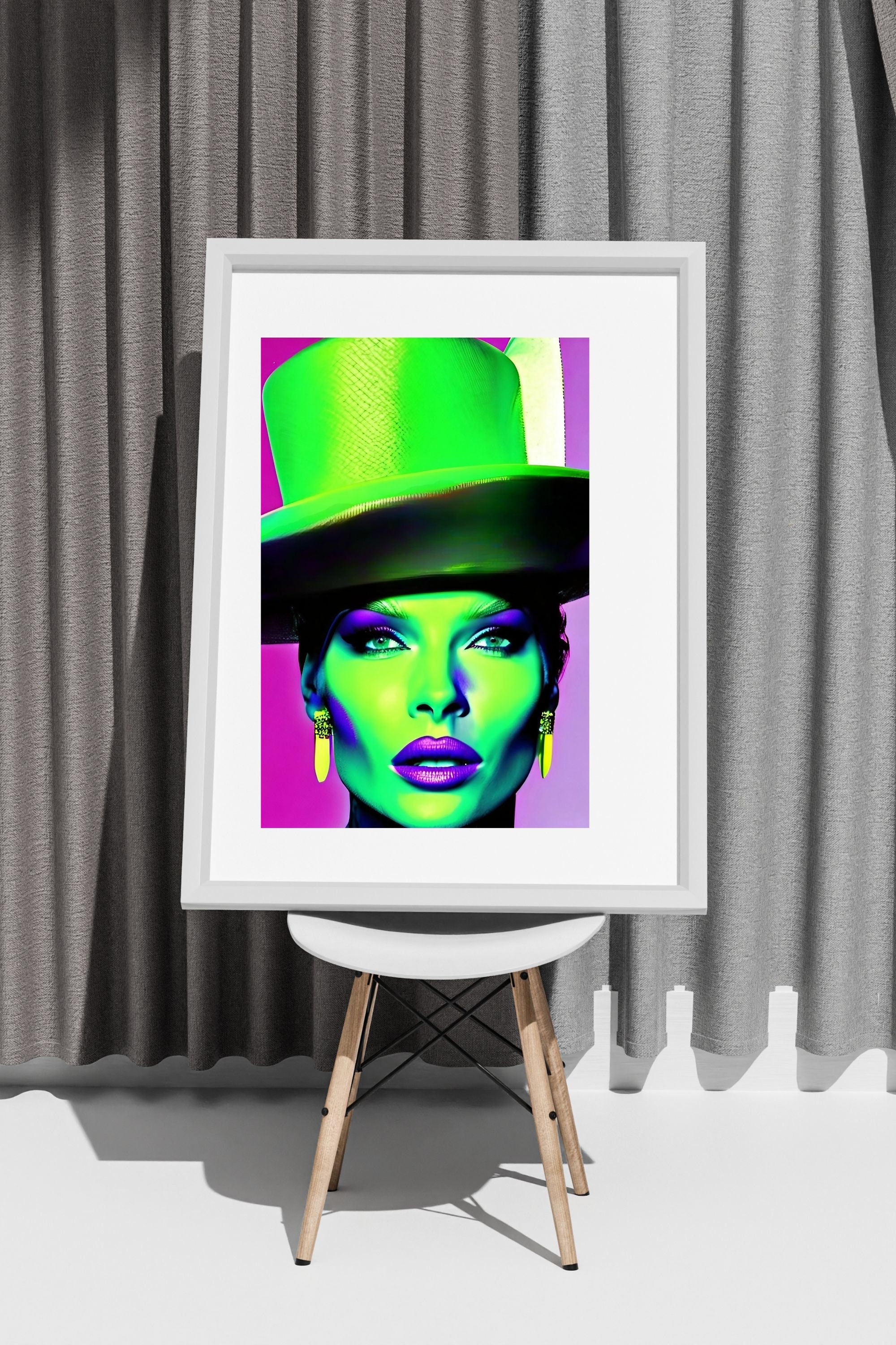 Woman With Neongreen Top Hat, Wall Art, Pop Art, Created With Help of