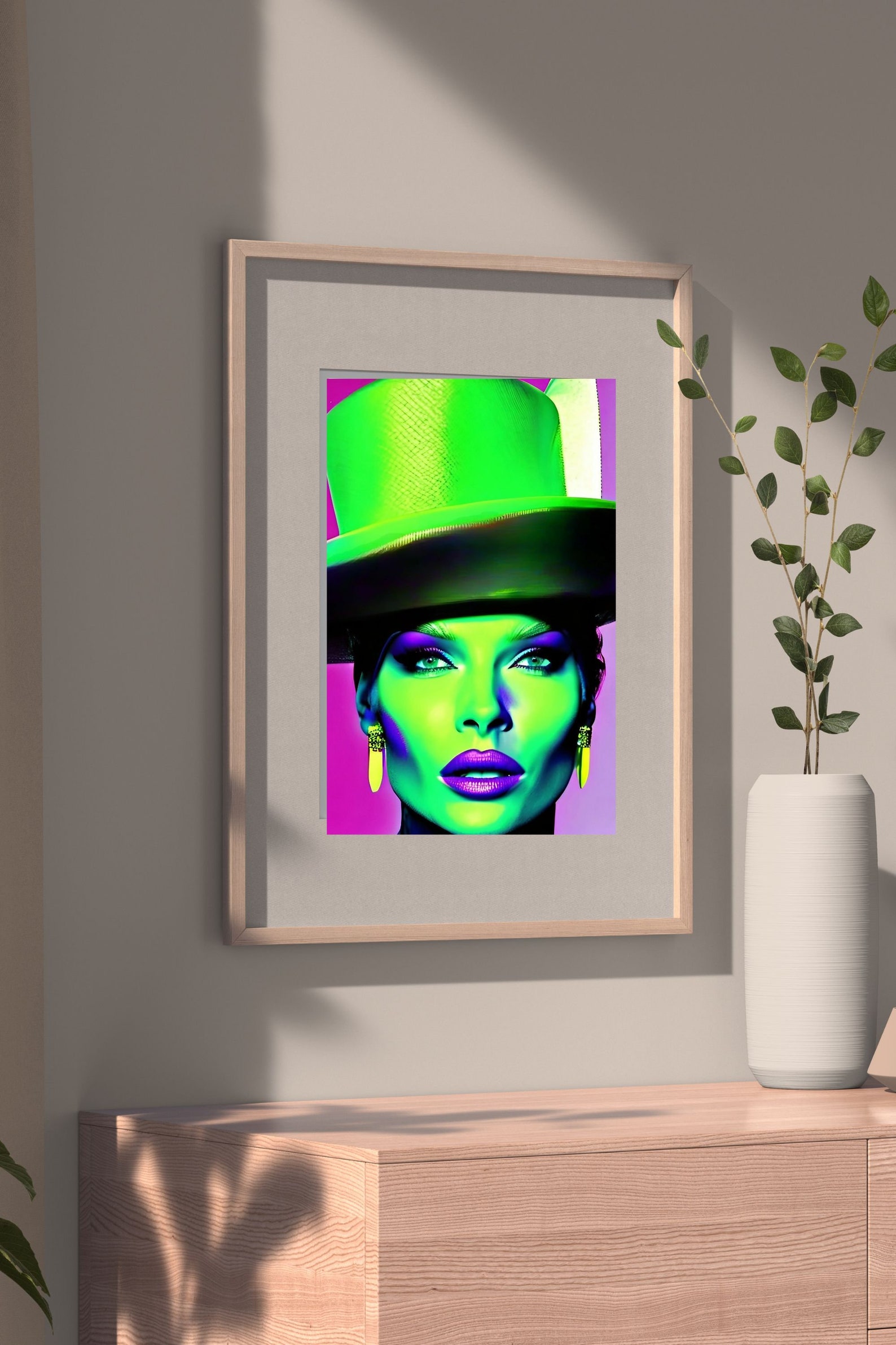 Woman With Neongreen Top Hat, Wall Art, Pop Art, Created With Help of