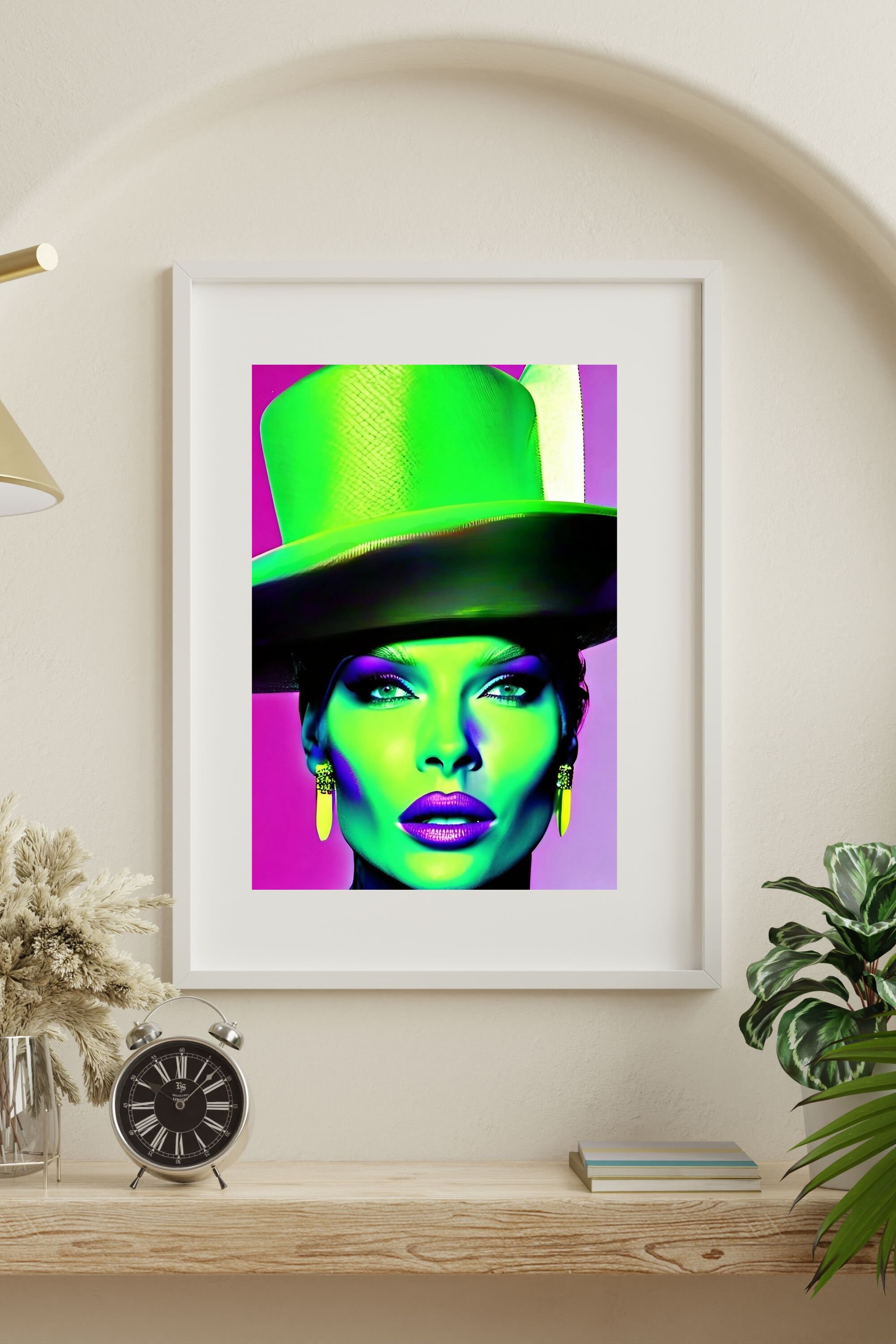 Woman With Neongreen Top Hat, Wall Art, Pop Art, Created With Help of