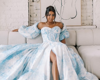 Blue Floral Organza Wedding Gown, Detachable Sleeves Dress