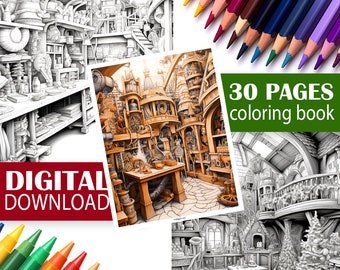 Santa's Workshop Coloring Book | Christmas Coloring Book | Digital Download Coloring Book for Adults | 30 Festive Pages of Holiday Joy!