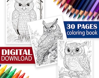 Owls Coloring Book | Owl Coloring Pages | 30 Stunning Pages Digital Download | Barn Owl, Snowy Owl, Great Horned Owl, and More!