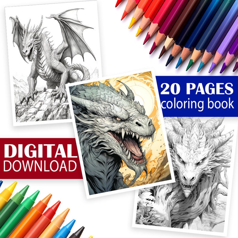 Puede incluir: Un libro para colorear de descarga digital que presenta 20 p&aacute;ginas de ilustraciones de dragones. La portada muestra un primer plano de la cabeza de un drag&oacute;n con la boca abierta y dientes afilados. El texto "20 PAGES coloring book" est&aacute; en letras azules sobre un fondo blanco.