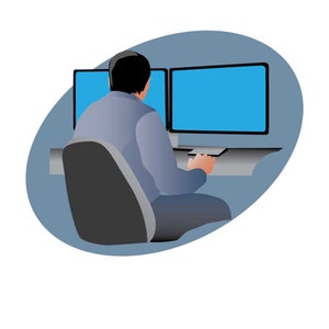 Pode incluir: Uma pessoa sentada em uma cadeira em frente a um computador com dois monitores. A pessoa está de costas para a câmera e está usando um mouse de computador.