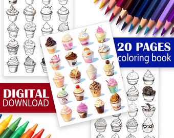 Ice Cream Coloring Book | Frozen Deserts Coloring Pages Digital Download | Ice Cream Sundays & Frozen Yogurt Fun Coloring Book 20 pages