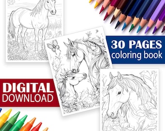 Horses Coloring Book | Horse Coloring Pages | 30 Beautiful Pages Digital Download | Arabian, Mustang, Clydesdale, and More!
