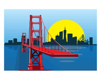 Vector Golden Gate Bridge & San Francisco Sunset – Digital Download, Original by Digytl, Includes AI, EPS, JPG (5000px)