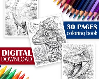 Dinosaur Coloring Book | Dinosaur Coloring Pages | 30 Roaring Pages Digital Download | T-Rex, Stegosaurus, Triceratops & More!