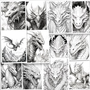 Puede incluir: Una colecci&oacute;n de ilustraciones en blanco y negro de dragones en varias poses. Algunos dragones se muestran con las alas extendidas, mientras que otros se muestran con la cabeza en alto. Todos los dragones est&aacute;n dibujados en un estilo realista.