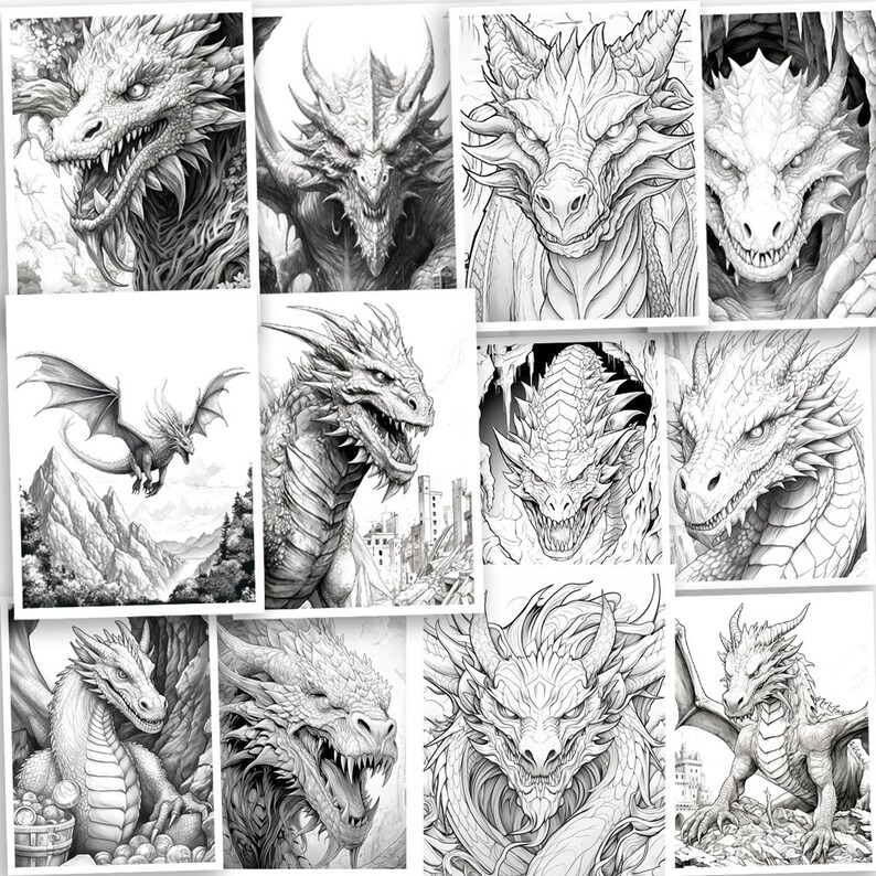 Puede incluir: Una colecci&oacute;n de ilustraciones en blanco y negro de dragones en varias poses. Algunos dragones se muestran con las alas extendidas, mientras que otros se muestran con la cabeza en alto. Todos los dragones est&aacute;n dibujados en un estilo realista.