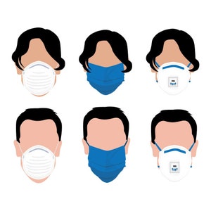 Pode incluir: Ilustração de seis rostos, cada um usando um tipo diferente de máscara facial. As máscaras são brancas e azuis, e os rostos têm cabelo preto e pele bronzeada. As máscaras incluem respiradores N95 e máscaras cirúrgicas.