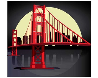 Vector Golden Gate Bridge at Night – Digital Download, Original by Digytl, Includes AI, EPS, JPG (5000px)