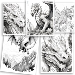 Puede incluir: Cinco ilustraciones en blanco y negro de dragones en varias poses. Los dragones est&aacute;n dibujados en un estilo realista con escamas y alas detalladas.