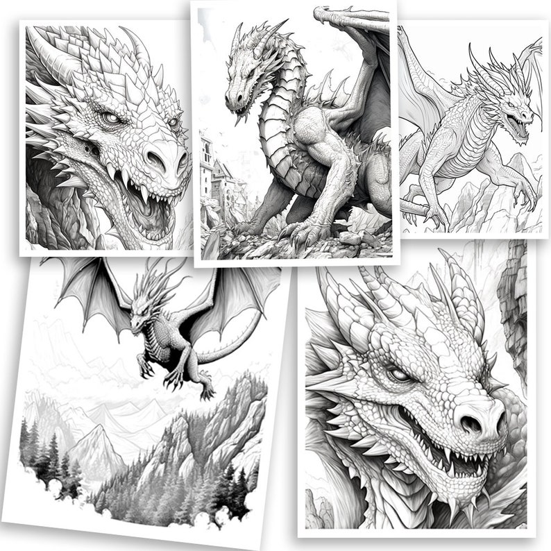 Puede incluir: Cinco ilustraciones en blanco y negro de dragones en varias poses. Los dragones est&aacute;n dibujados en un estilo realista con escamas y alas detalladas.