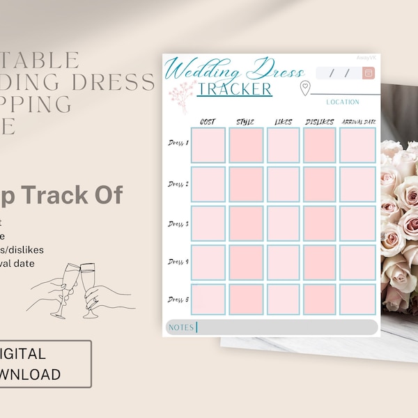 Wedding Dress Tracker|Dress Shopping Guide|Wedding Dress|Wedding Dress Planner|Digital Download