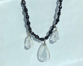 Black Beaded Clear Pendant Necklace