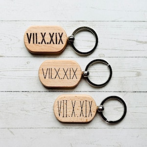 Roman Numerals Date Wood Burned Keychain
