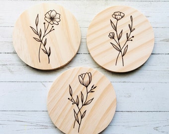 Floral Wood Burned Coaster Set