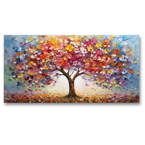 Kleurrijke Levensboom - Bloemstreken - Panorama Canvas Foto XXL Foto's Poster Muurschildering Print Wanddecoratie Woondecoratie Kunst