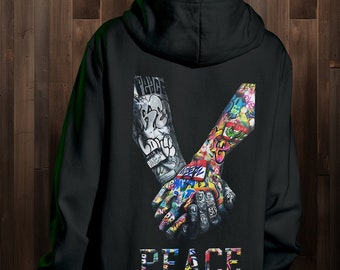 Peace Unisex Schwarzer Hoodie Geschenk Pullover Kapuzenpullover Sweatshirt Unisex Damen Herren Baumwolle farbig hohe Qualität