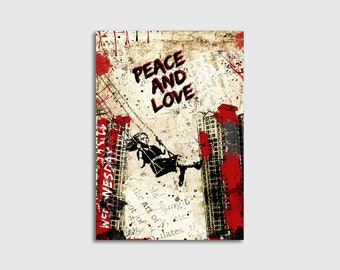 Peace & Love - Girl on Swing - Graffitti Street ArtLeinwandbild Leinwand Bild XXL Bilder Poster Wandbild  Kunstdruck Wanddeko Wohndeko Kunst