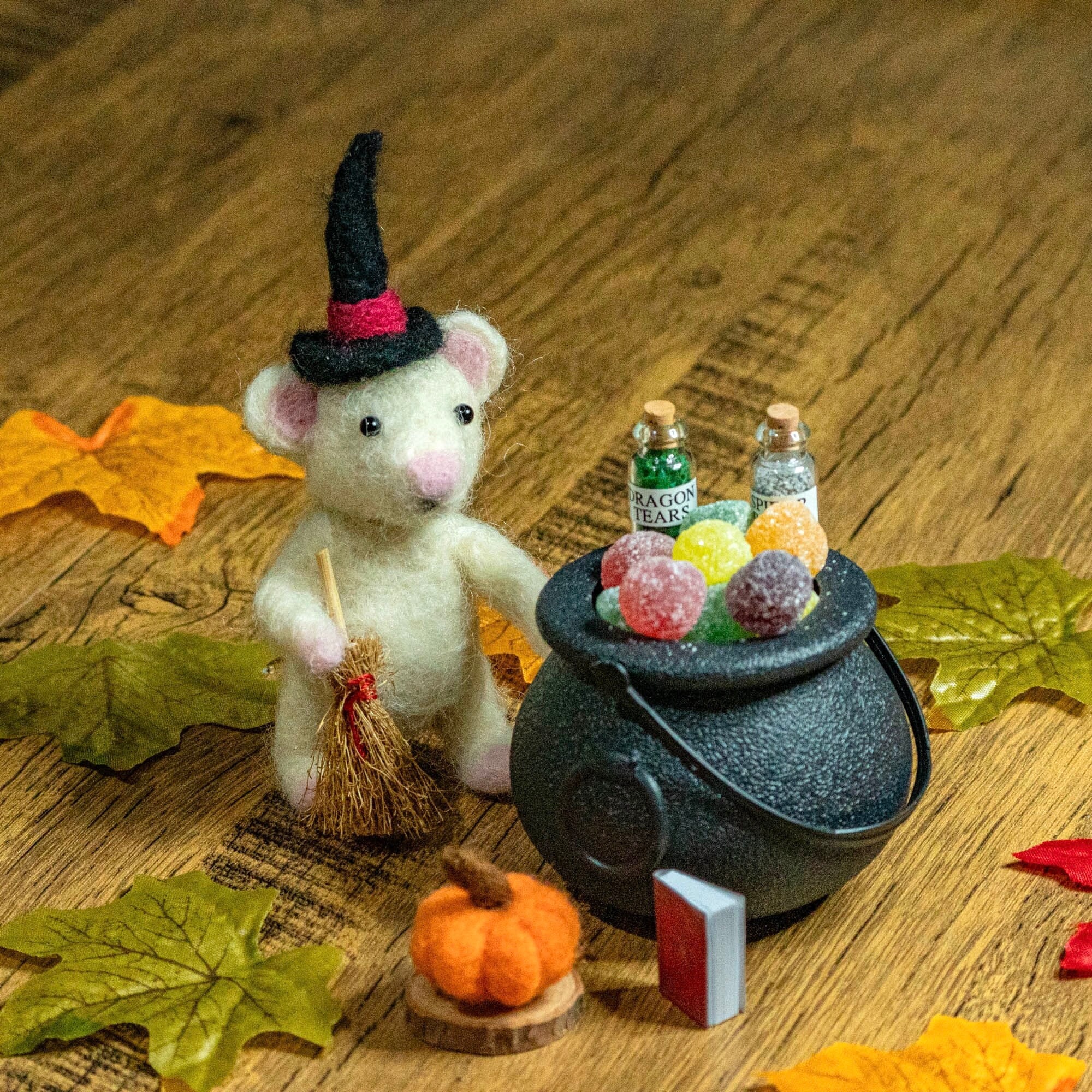 Souris Citrouille Halloween En Feutre De Laine Faite Main – Avec Chapeau De Sorcière, Décoration D'automne Et Cadeau Mignon
