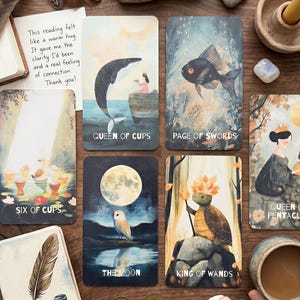 May include: A collection of six tarot cards featuring whimsical illustrations including a whale, a fish, an owl under a full moon, a turtle, and two queens. The cards are labeled Six of Cups, Queen of Cups, Page of Swords, The Moon, King of Wands, and Queen of Pentacles.