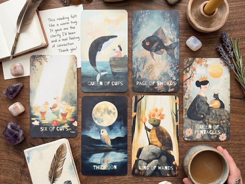 May include: A collection of six tarot cards featuring whimsical illustrations including a whale, a fish, an owl under a full moon, a turtle, and two queens. The cards are labeled Six of Cups, Queen of Cups, Page of Swords, The Moon, King of Wands, and Queen of Pentacles.