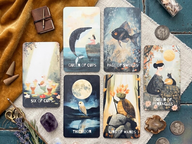 May include: A collection of six tarot cards featuring illustrations of the Queen of Cups, Page of Swords, Six of Cups, The Moon, King of Wands, and Queen of Pentacles, arranged on a textured fabric surface with various small decorative items.