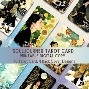 Puede incluir: Un juego de 78 cartas de tarot con ilustraciones coloridas y detalles dorados. Las cartas presentan una variedad de personajes y símbolos, incluyendo una mujer con cabello oscuro y un fondo floral, un hombre con una corona y un cielo con nubes y globos aerostáticos. El texto en las cartas dice "Souljourner Tarot Card Printable Digital Copy 78 Tarot Card, 4 Back Cover Designs".