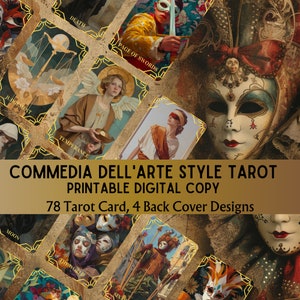 Printable Tarot Card with guidebook, Indie Tarot Deck, 78 Masques & Misadventures Tarot Deck, 4 Back Designs