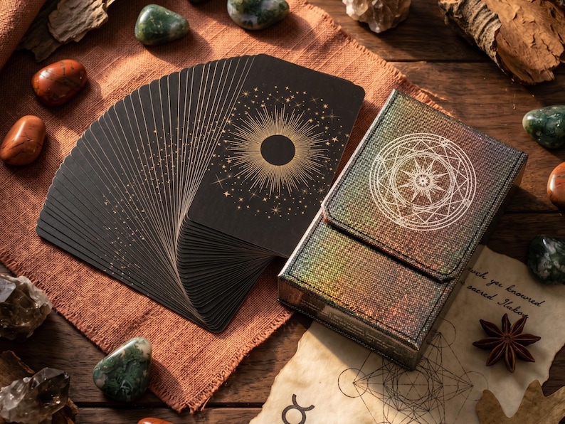 May include: A deck of black tarot cards fanned out, featuring a gold sunburst design on the back, alongside a matching iridescent holographic storage box with a circular geometric emblem printed on the front cover in a white line art style.