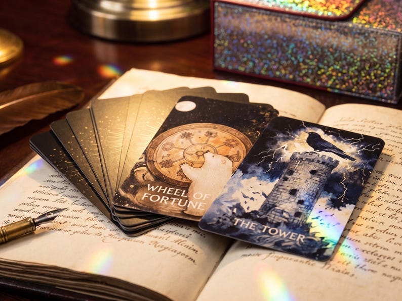 May include: A deck of tarot cards fanned out on an open book, featuring The Tower card with a black bird on a stone tower and the Wheel of Fortune card with a polar bear. The cards have dark backgrounds with gold and holographic accents.