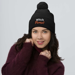 Fun Halloween Beanie, Witch Please Adult Black Pom Pom Beanie