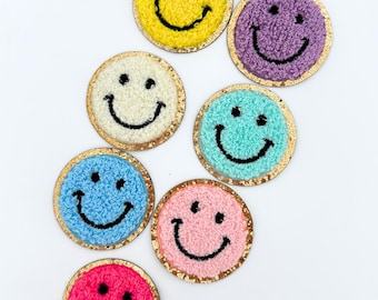 Chenille Smiley Face Patch - Iron On Applique, Glitter Border, Colorful Smile