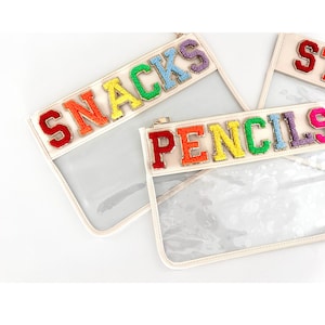 Personalized Clear Nylon Zip Pouch | Clear Pouch with Patches | Chenille Letter Pouch | Snack Bag | Clear Travel Bag | Cute Kids Gift