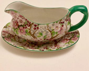 Vintage Shelley England chintz Maytime (pattern 8787) mint sauce boat and drip tray stand. Or small gravy jug & underplate. Green trim.