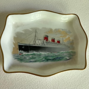 Queen Mary liner ship small ceramic trinket dish. Transfer printed picture of the Queen Mary on  English Crown Staffordshire bone china.