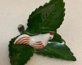 Herend Hungary Figural Leaf Dish With Scholar, Hand Painted
