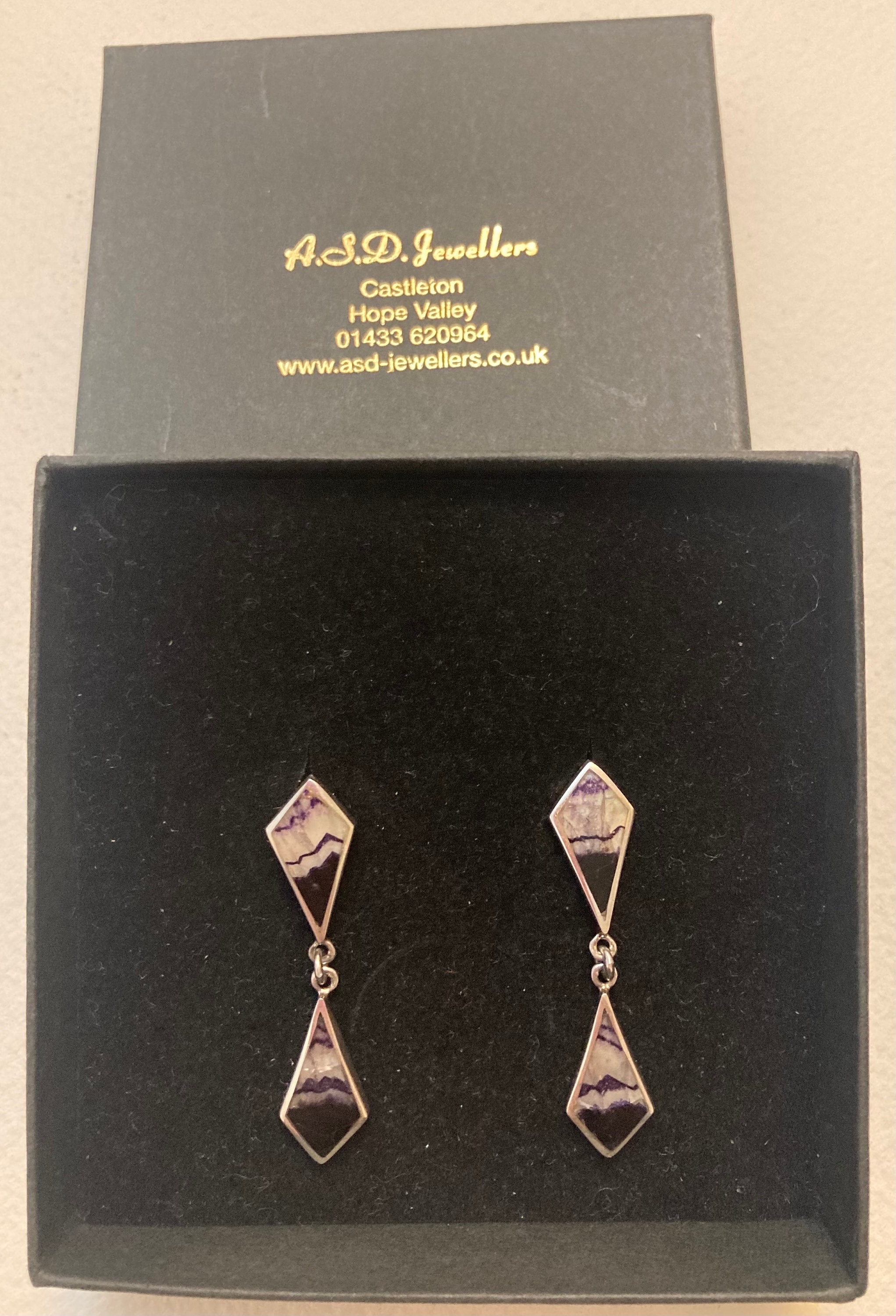 Jewellery. Blue John stone & sterling silver elegant drop dangle earrings by ASD jewellers Castleton, Derbyshire England.  Unworn. As new.