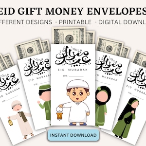 May include: Five printable Eid gift money envelopes with different designs. Each envelope features a cartoon illustration of a child holding a lantern and the text "Eid Mubarak".