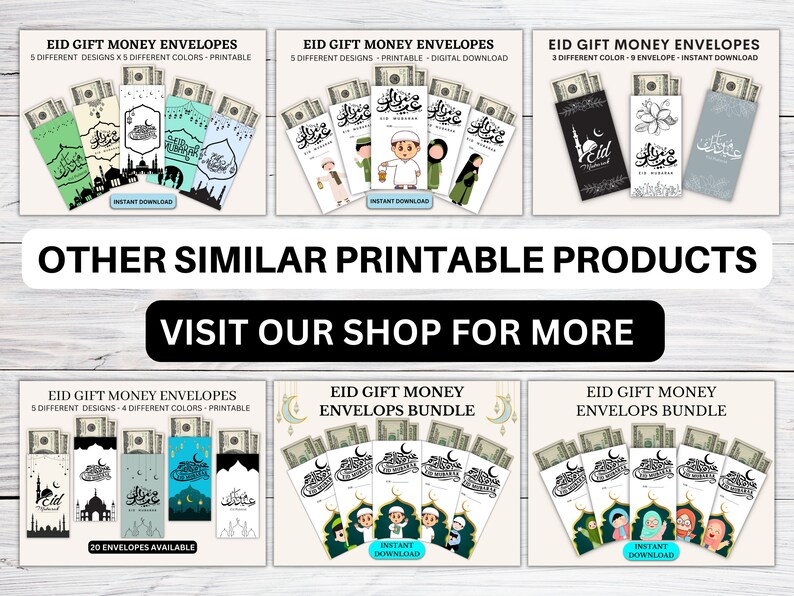 May include: Printable Eid gift money envelopes with different designs and colours. The envelopes feature Islamic calligraphy and illustrations of mosques and other traditional designs. The text on the image reads "Eid Gift Money Envelopes" and "Visit Our Shop For More".