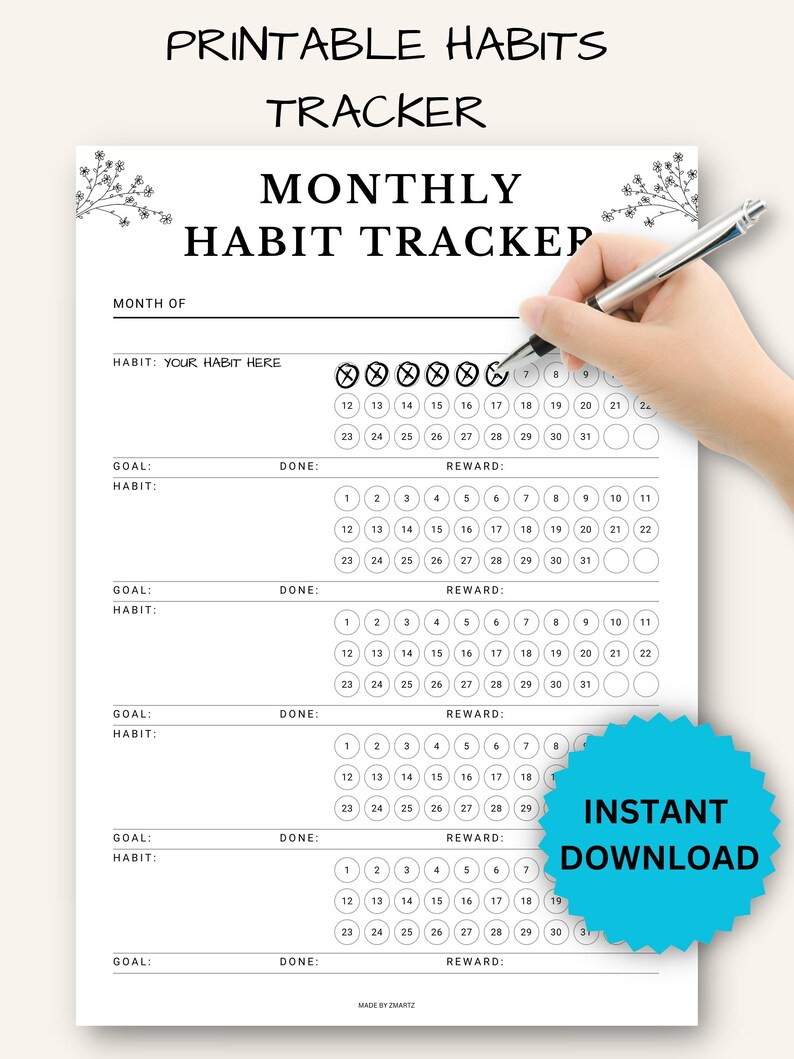 Monthly Habits Tracker Printable Paper Print Habit Tracker Pdf Tracking ...