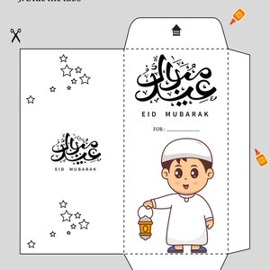 May include: Printable Eid Mubarak envelope craft featuring a boy holding a lantern. The envelope has a dotted line for folding and a solid line for cutting. The envelope has a space to write "FOR:" and the Arabic text "Eid Mubarak".