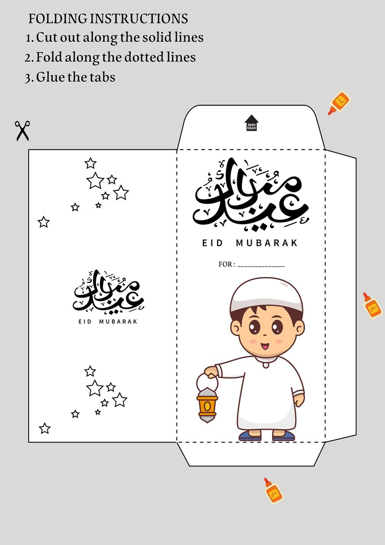 May include: Printable Eid Mubarak envelope craft featuring a boy holding a lantern. The envelope has a dotted line for folding and a solid line for cutting. The envelope has a space to write "FOR:" and the Arabic text "Eid Mubarak".
