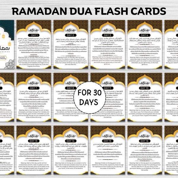 Tarjetas flash Ramadán Dua durante 30 días, Tarjetas flash Dua imprimibles para niños, Tarjetas Dua de traducción al inglés, Dua para Ramadán, Actividades de Ramadán