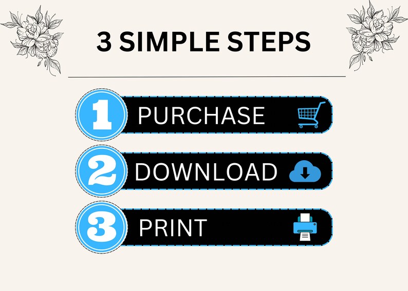 May include: Three simple steps are illustrated with blue circles containing the numbers 1, 2, and 3. Each step is shown on a black banner with white text and a corresponding icon: 1. Purchase (shopping cart icon), 2. Download (cloud with a downward arrow icon), 3. Print (printer icon).